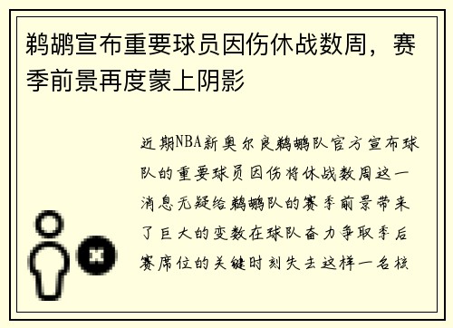 鹈鹕宣布重要球员因伤休战数周，赛季前景再度蒙上阴影